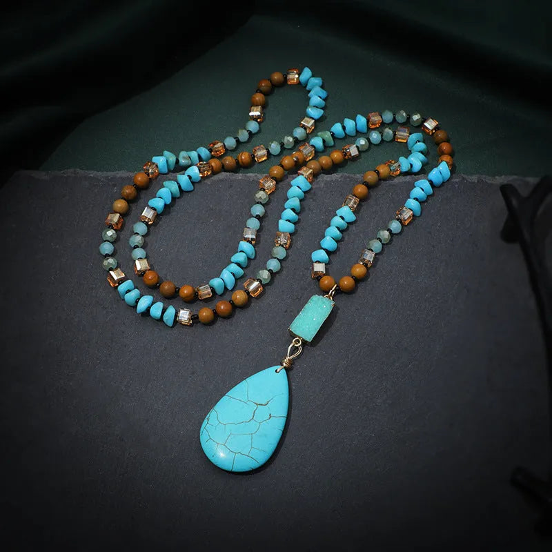 Turquoise water drop pendant necklace with mixed gemstone inlay on 81cm ball bead chain