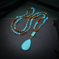 Turquoise water drop pendant necklace with mixed gemstone inlay on 81cm ball bead chain