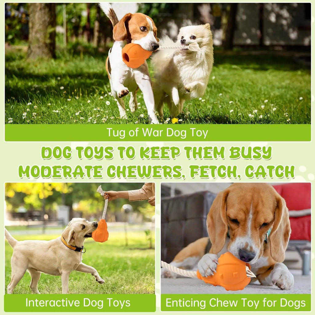 Natural rubber stuffable dog chew toy with a long strap for small to medium dogs.