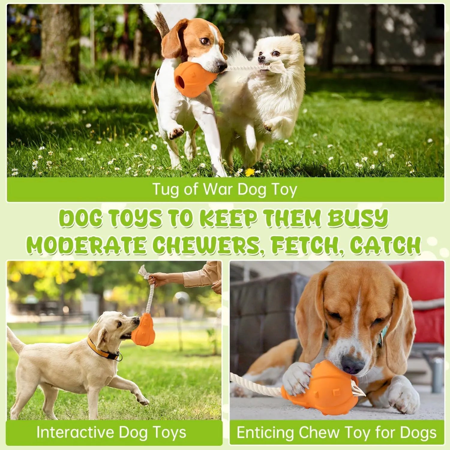Natural rubber stuffable dog chew toy with a long strap for small to medium dogs.