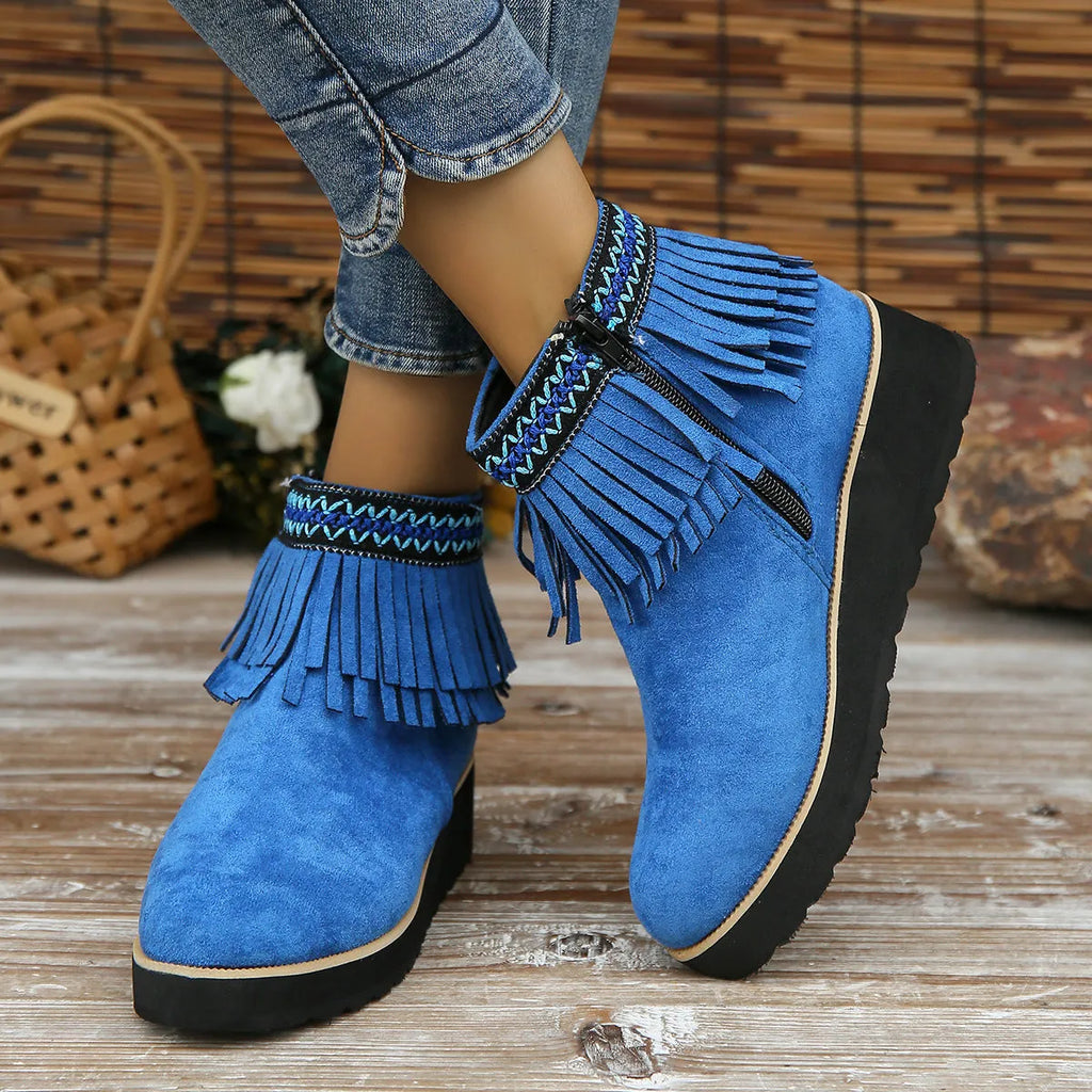 Women's wedge ankle boots in suede with side zipper and thick rubber sole