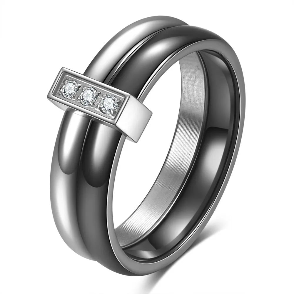 Ceramic women's ring with 6mm geometric band and glossy zirconium stitching in steel black or golden white