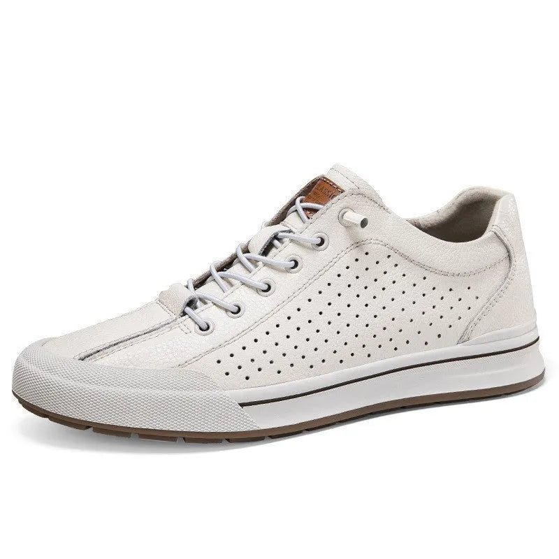 Men's white matte leather casual shoes with round toe and flat heel design