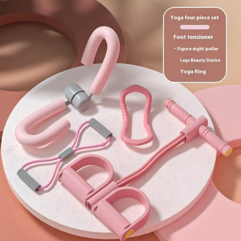 Yoga four piece fitness set showing leg stretching device, foot pedal resistance band, yoga ring, and figure eight tension rope