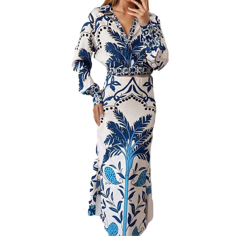 Women's early spring casual co-ord set featuring a long sleeve top and long skirt in picture colour.