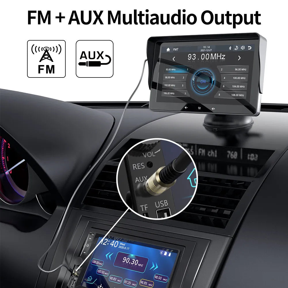 7-inch wireless CarPlay display with suction cup mount and cigarette lighter power adapter