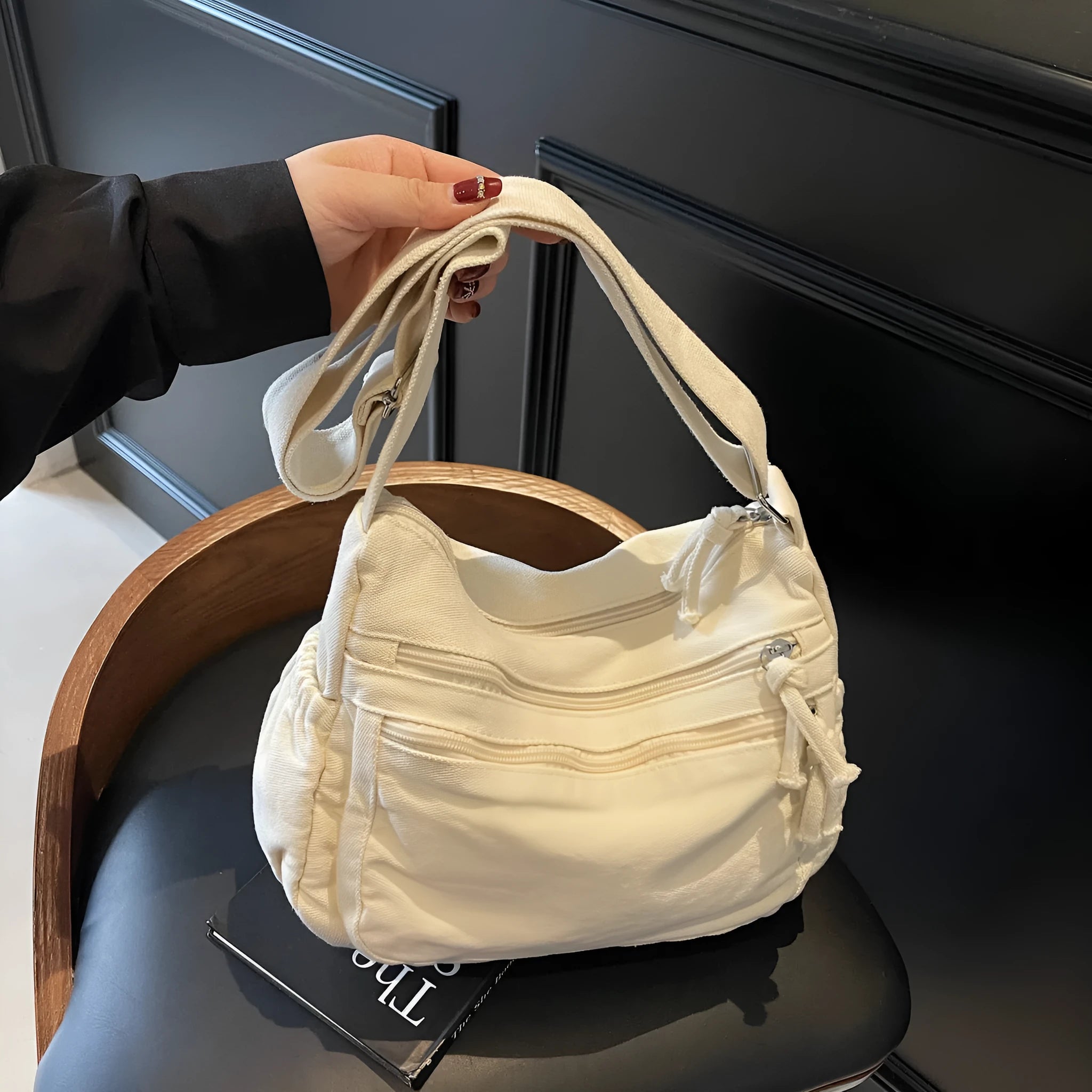 Women's canvas tote bag large capacity horizontal square shape beige with outer pocket