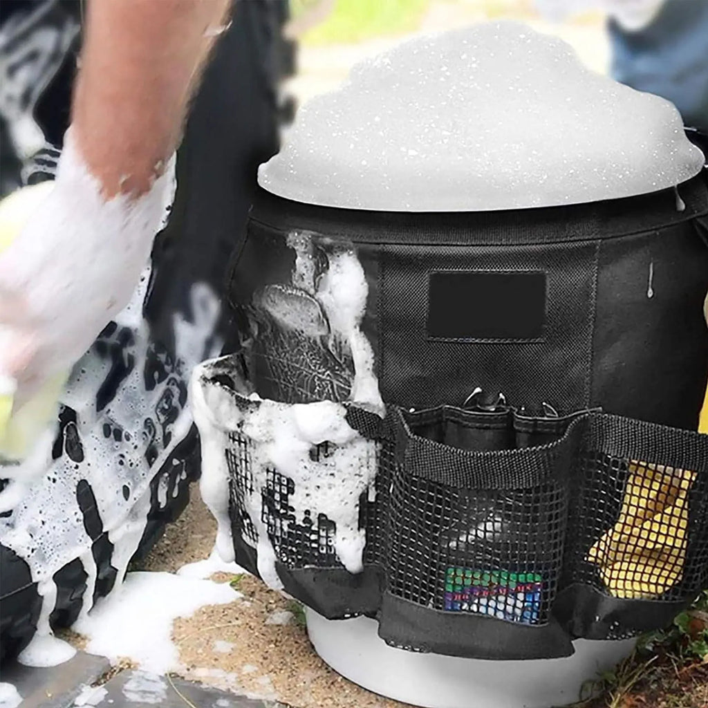 Black cylindrical waterproof polyester storage bag hanging with car washing tools and fishing equipment