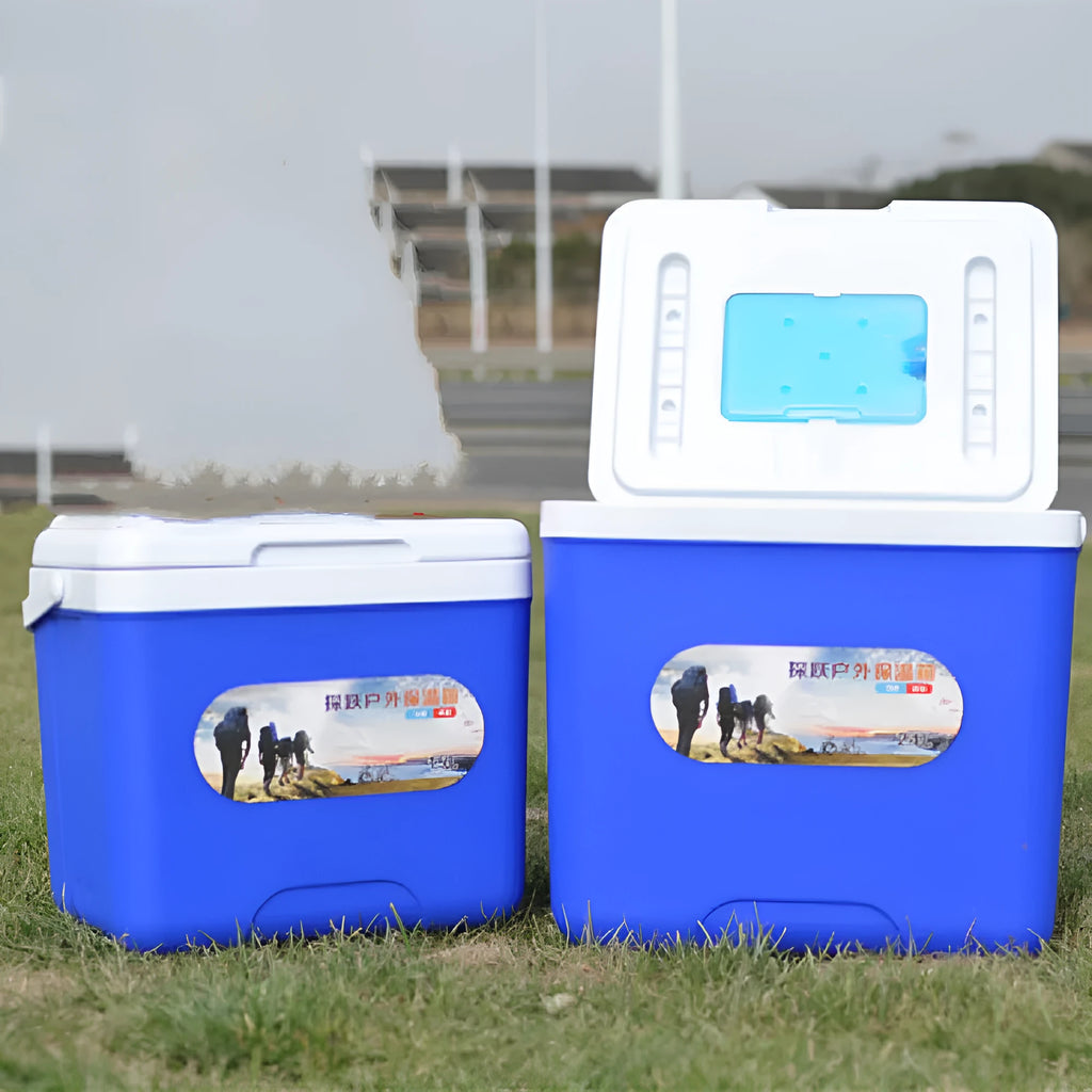 Blue portable insulated cooler box with aluminium foil construction and EPS insulation.
