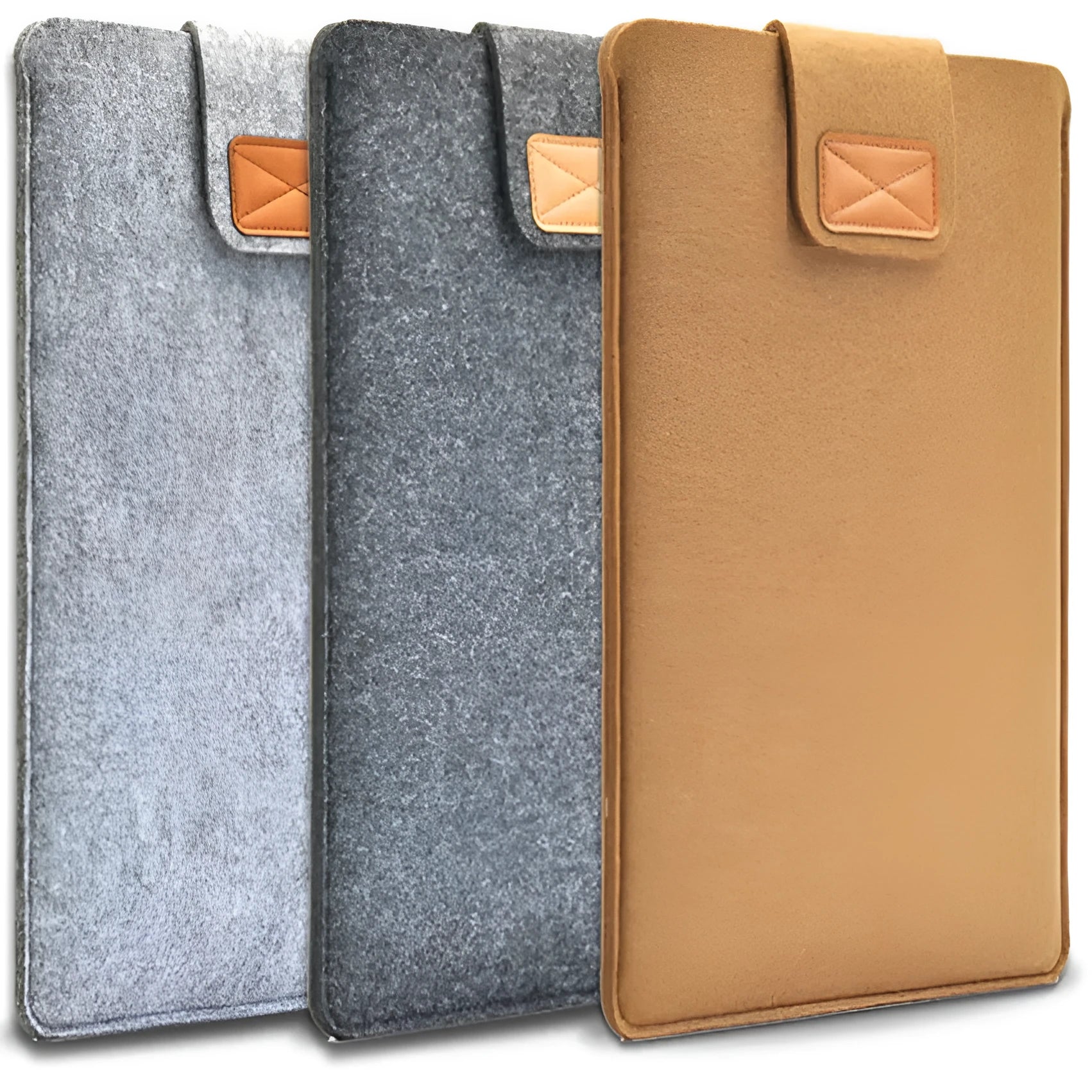 Dark grey felt plush clamshell laptop bag showing interior with corner protector and computer compartment