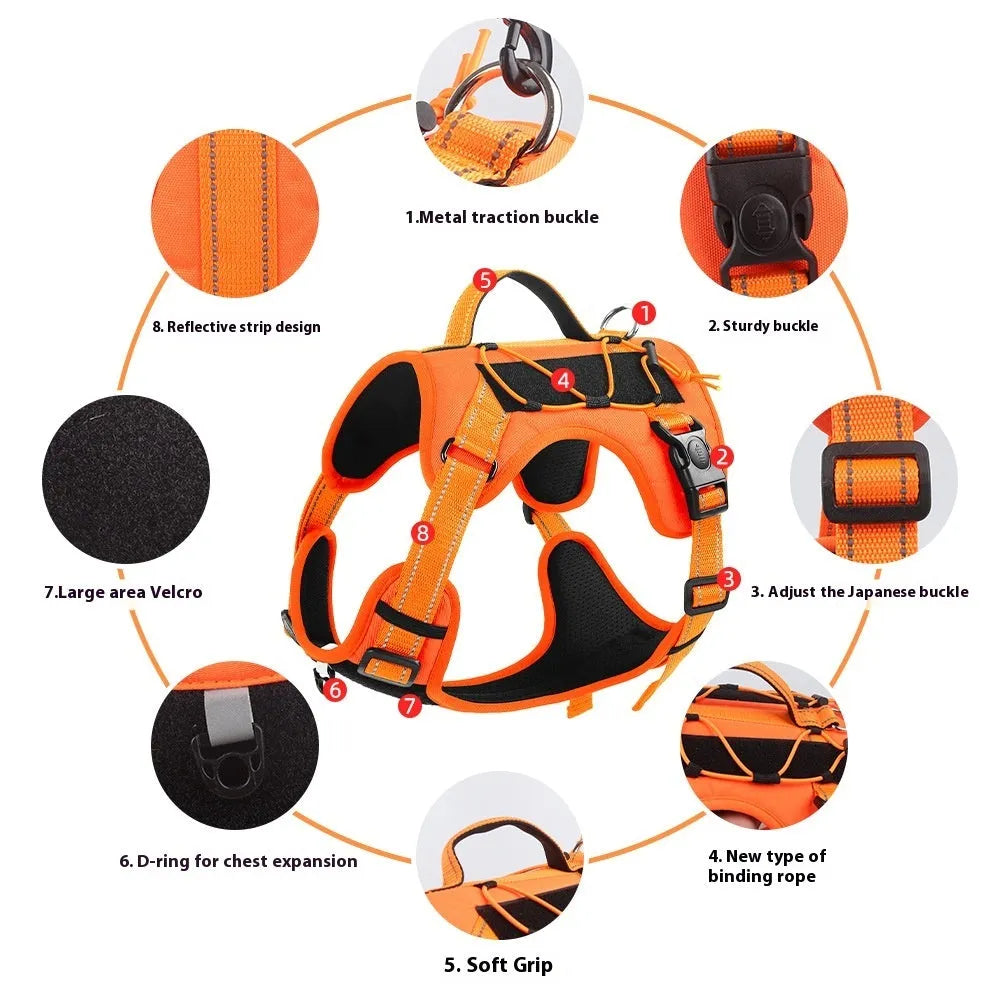 Orange dog harness vest with reflective trim and an attached black hand-holding rope leash.
