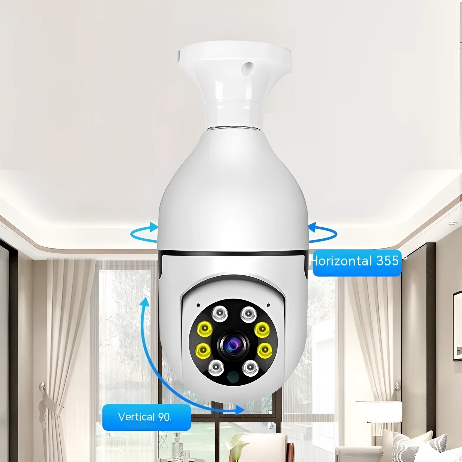 White wireless bulb security camera showing dimensions of 5cm by 12cm for indoor and outdoor use.