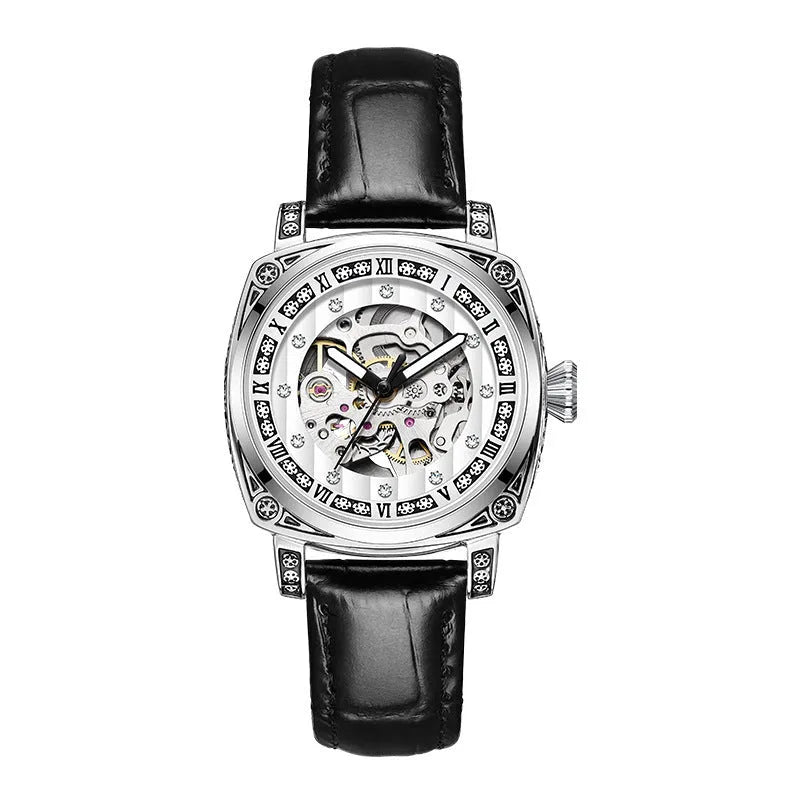Men's mechanical watch with luminous hands on a leather strap, shown in black, red, steel, and white colour options.
