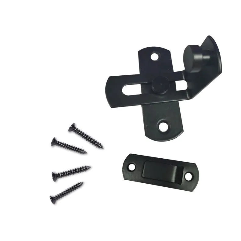 Black carbon steel and stainless steel sliding door lock with a 90-degree latch and flat shackle.