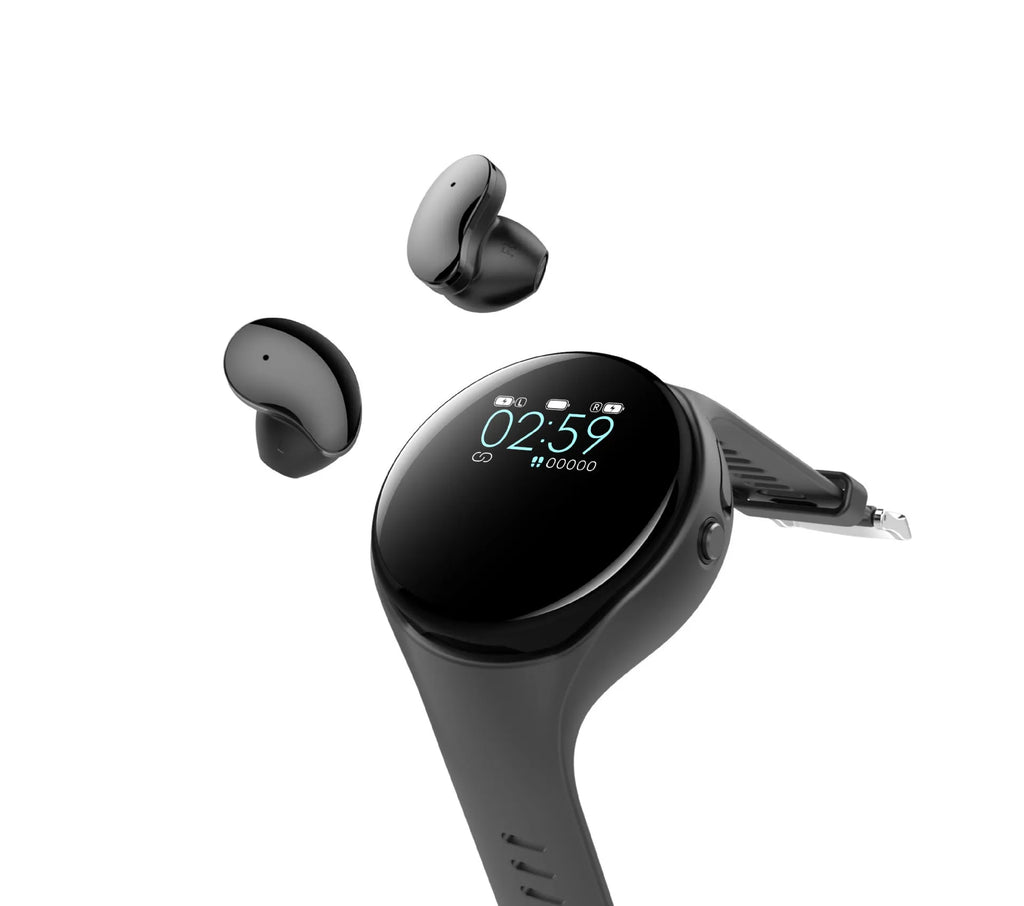 Black detachable smart watch and Bluetooth earphone combo with colour screen display