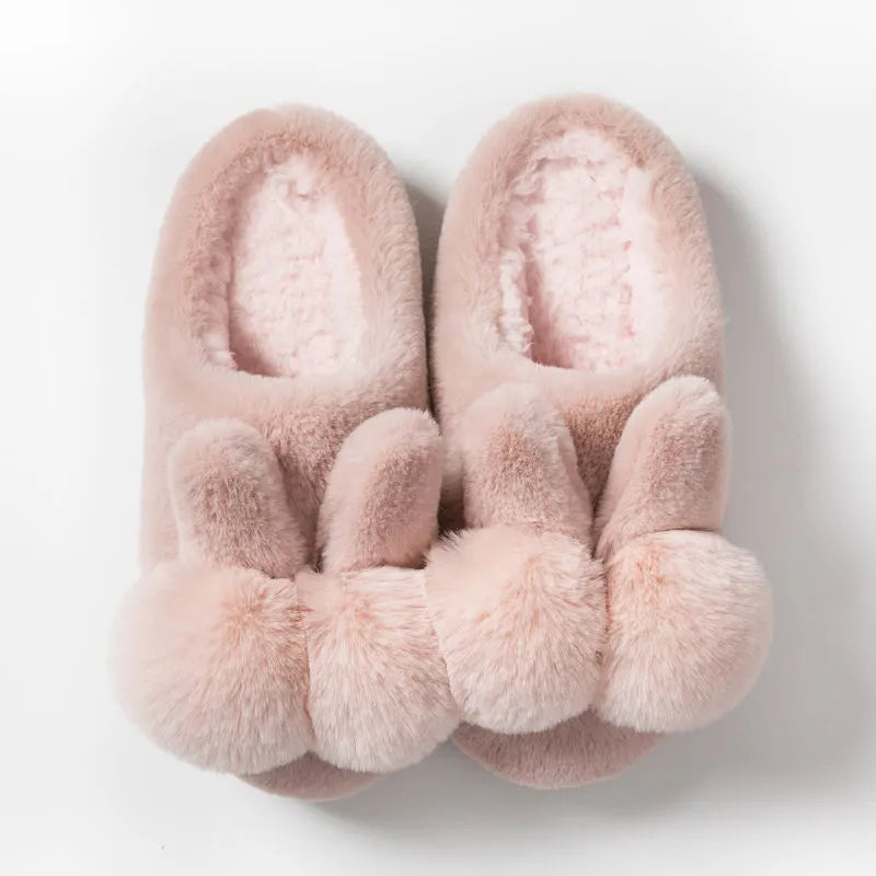 Women's rabbit fur winter slippers in cream with high upper and floral pattern