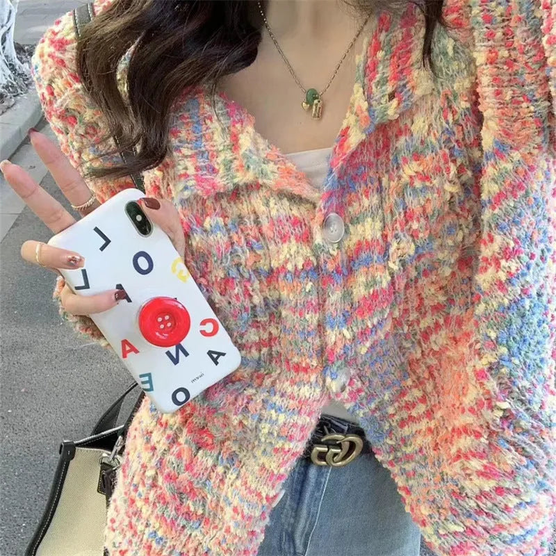 Gentle Idle Style Knitted Rainbow Sweater cardigan in pink or green colour with toothbrush hair fabric