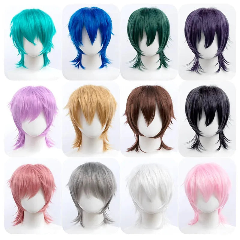Short cosplay wig with anti-curling hair tails in high-temperature fibre material