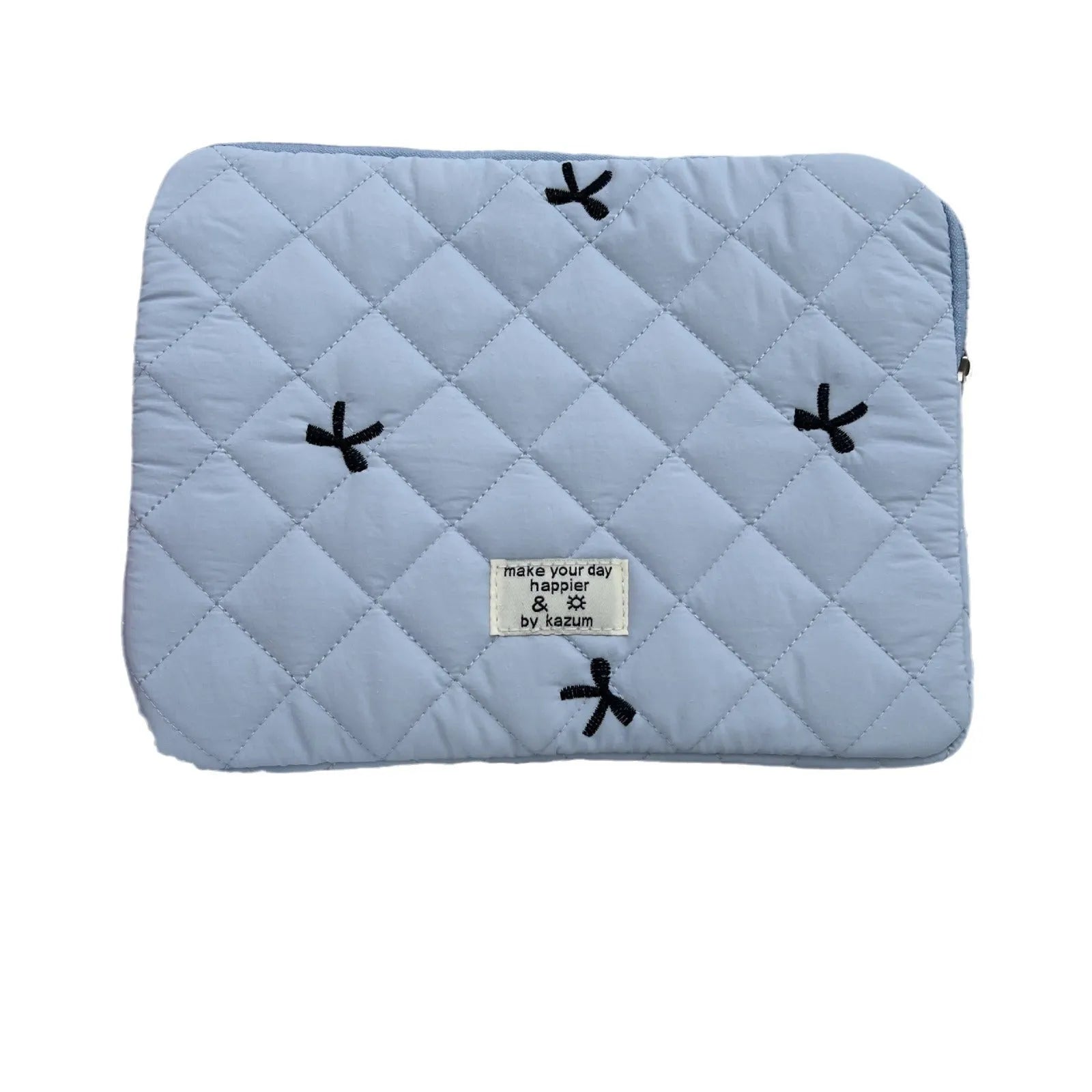 White laptop storage bag with rhombus embroidery and bow design in nylon fabric