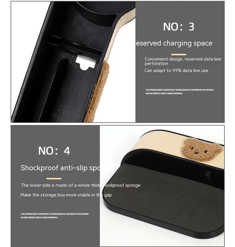 Leather car seat gap storage box with cartoon bear design for organising vehicle interior accessories