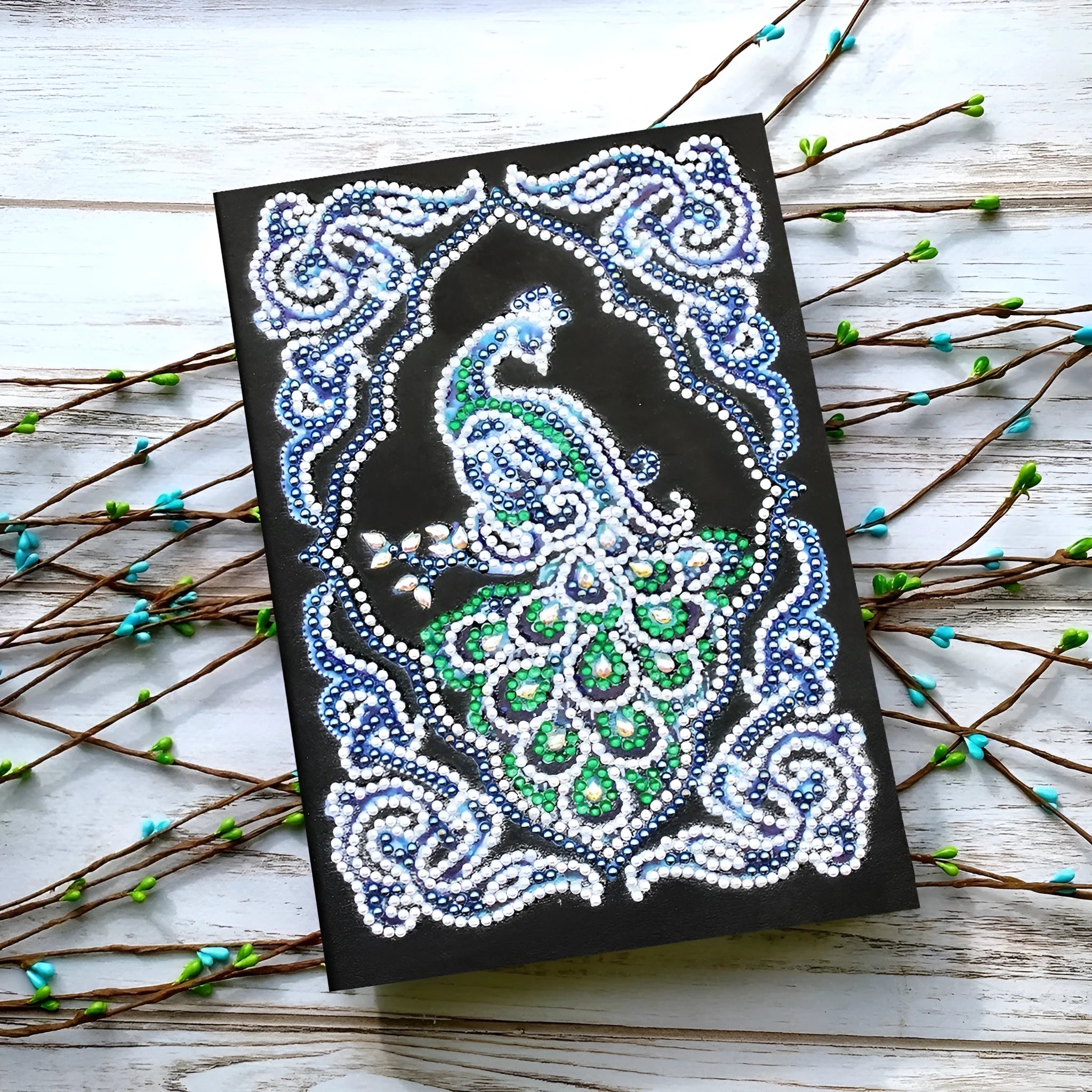 Black A5 diamond painting notebook with peacock theme design for craft project organisation