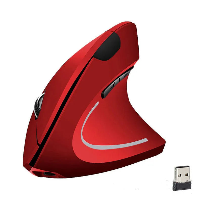 Vertical Vertical wired optical mouse in black with USB cable, six buttons, and four-way wheel on a laptop desk