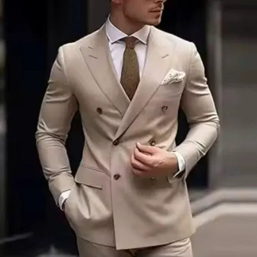 Men's grey Korean-style slim fit two-piece suit with jacket and trousers for business or banquet wear.