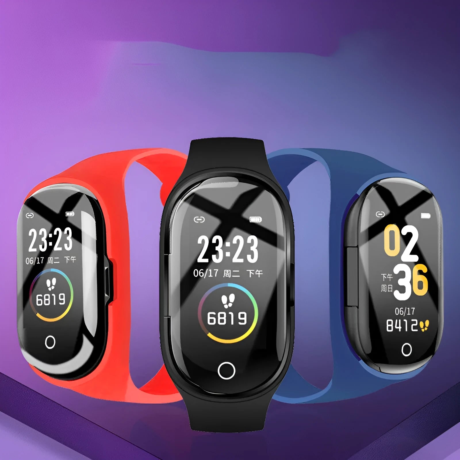 Blue silicone smart bracelet with 1-inch display showing fitness metrics and integrated earphones for wireless calling