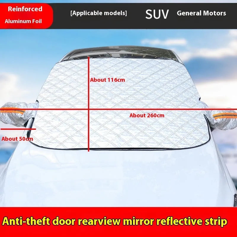 Large aluminium foil winter car cover for SUVs with reflective edges and five magnets.