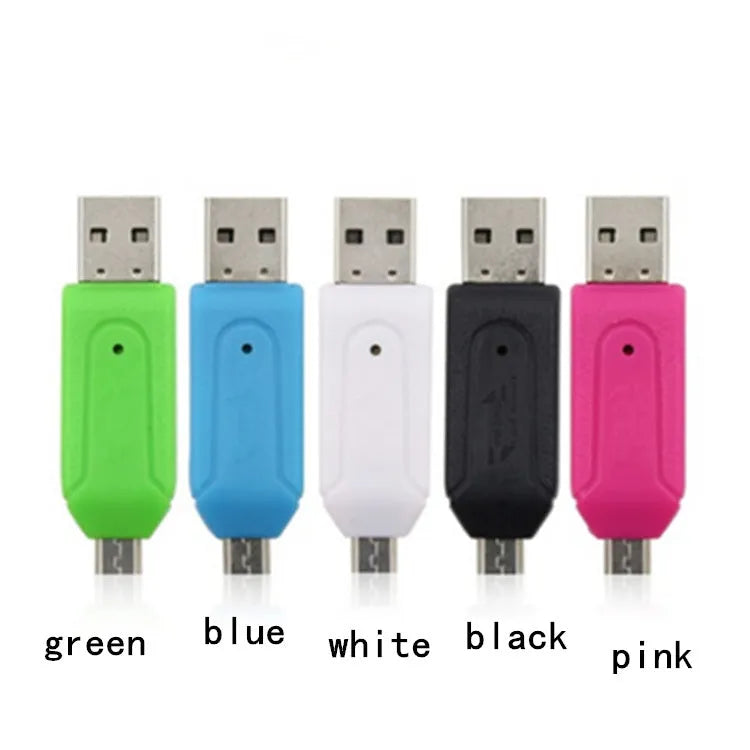 White OTG card reader with micro USB connector for Android phones and USB for computers