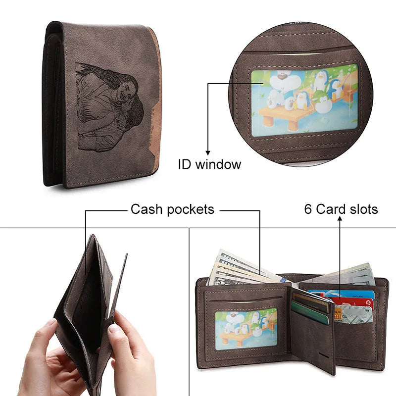 Coffee brown horizontal PU leather wallet with personalised photo engraving on the front, showing seven card slots inside.