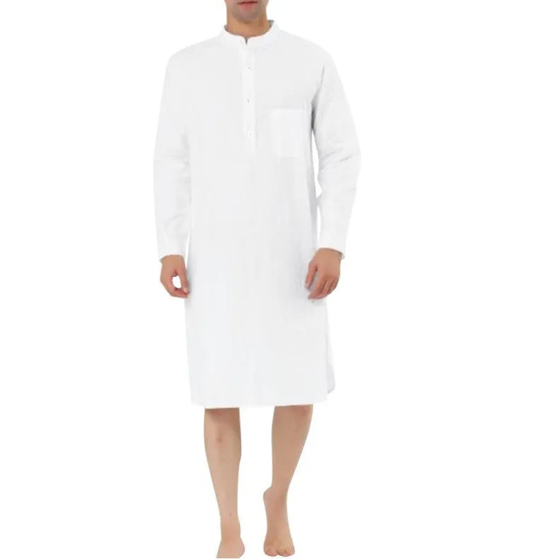 Men's cotton shirt robe with front pocket in various colour options on a hanger.
