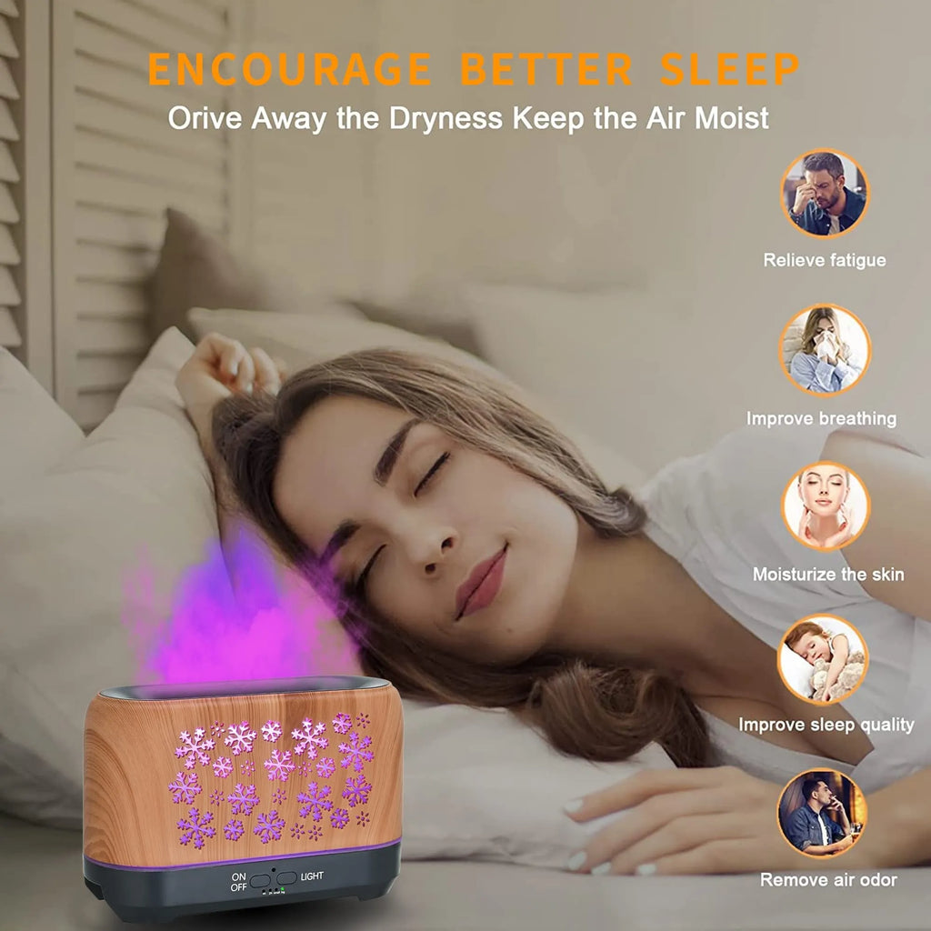 Square woodgrain aromatherapy humidifier with colourful snowflake pattern and multicoloured flame light effect.