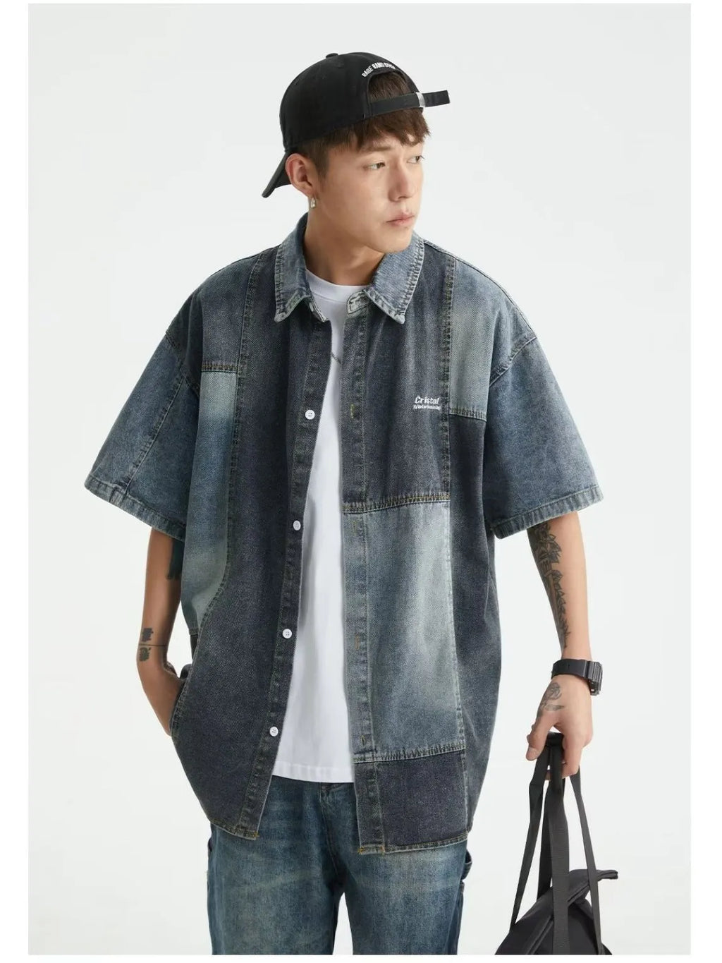 Men's loose cardigan-style denim shirt with retro washed stitching in blue colour
