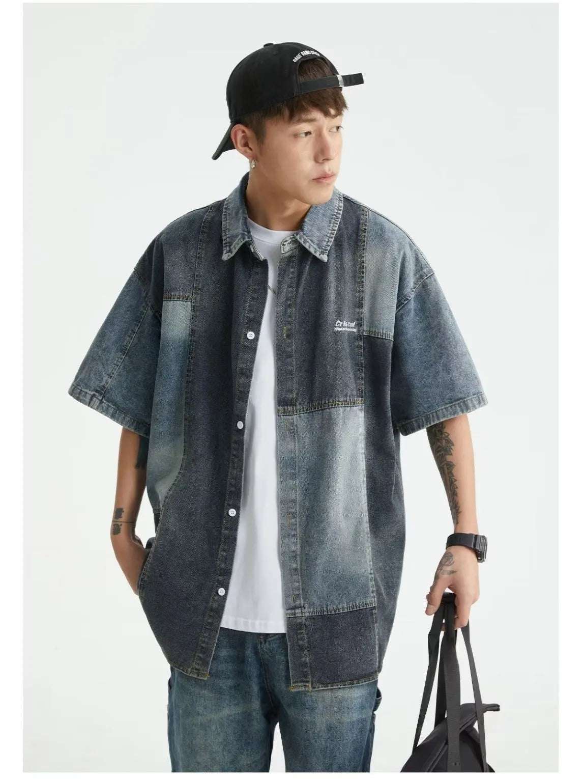 Men's loose cardigan-style denim shirt with retro washed stitching in blue colour