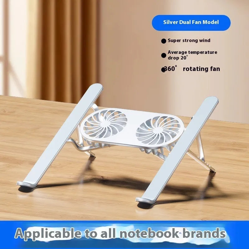 Silver aluminium laptop cooling stand with twin fans in folded position beside laptop