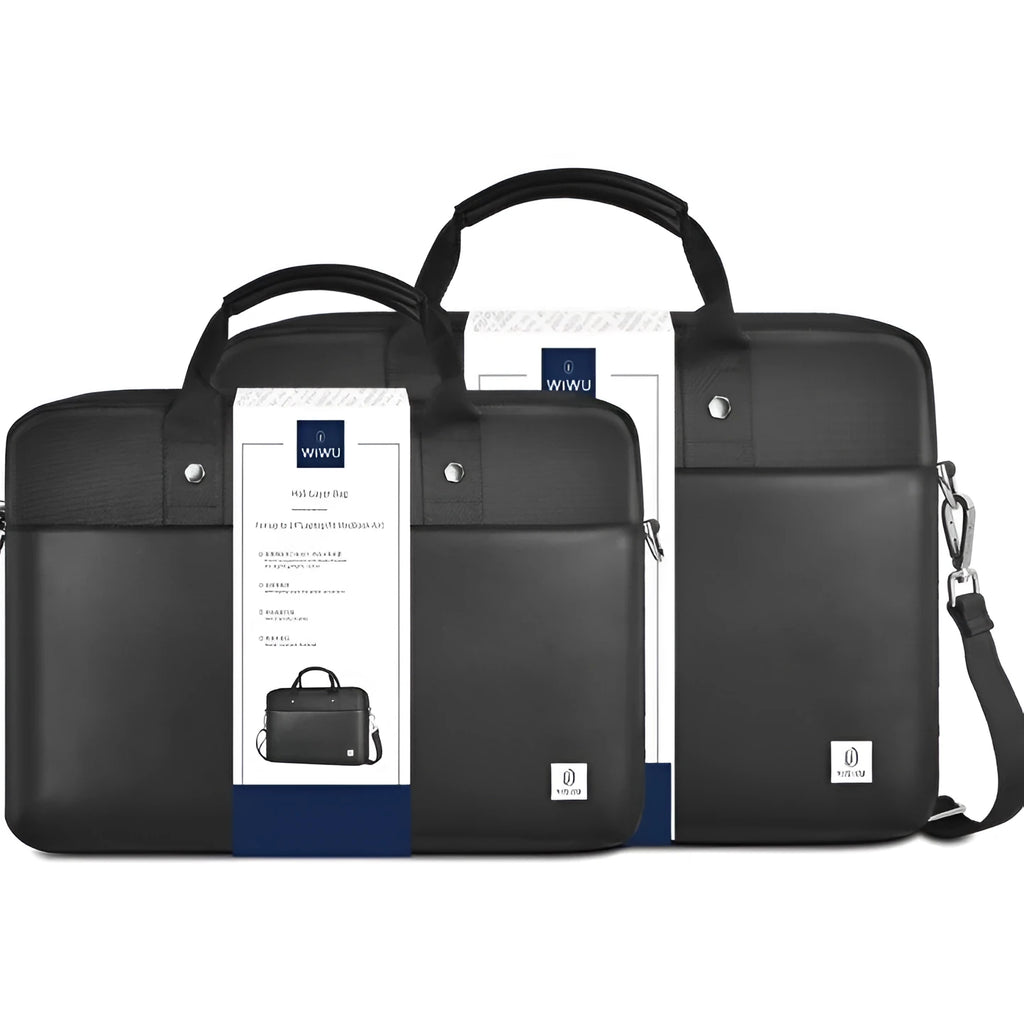 Black Oxford cloth laptop backpack with multiple pockets and a lock, shown in 14-inch and 15.6-inch sizes.