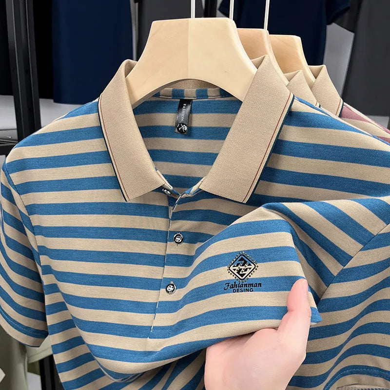 Men's striped short sleeve casual shirt in polyester with mosaic pattern, available in red, blue and green colours