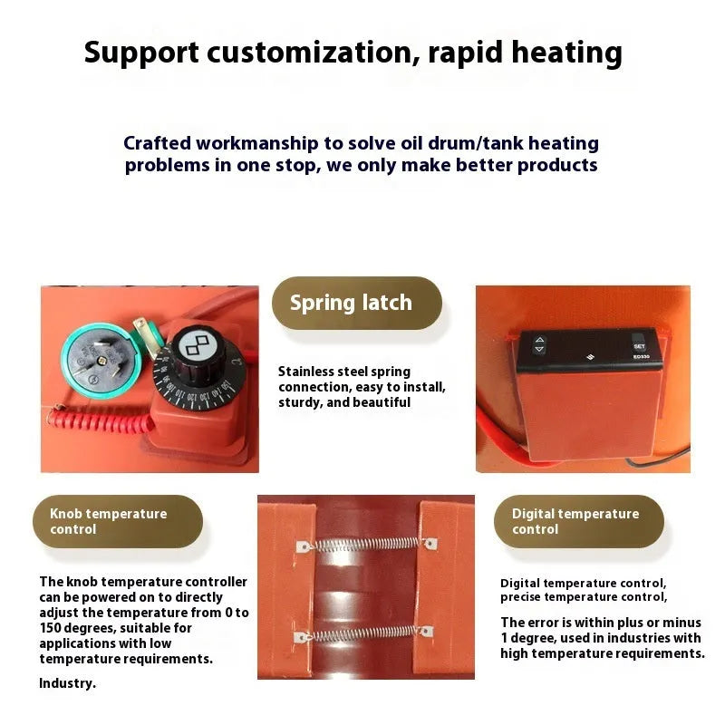 Silicone rubber heating belt wrapped around 200-litre oil drum with digital control display