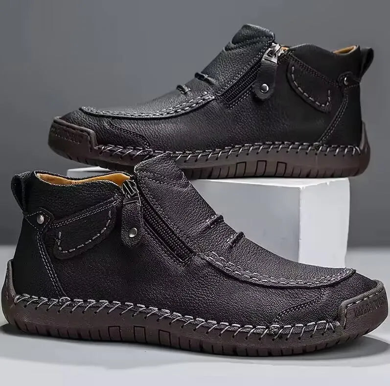 Chelsea plus size men's casual slip-on flat high top shoes in 828 Black with animal pattern and sewing line detail