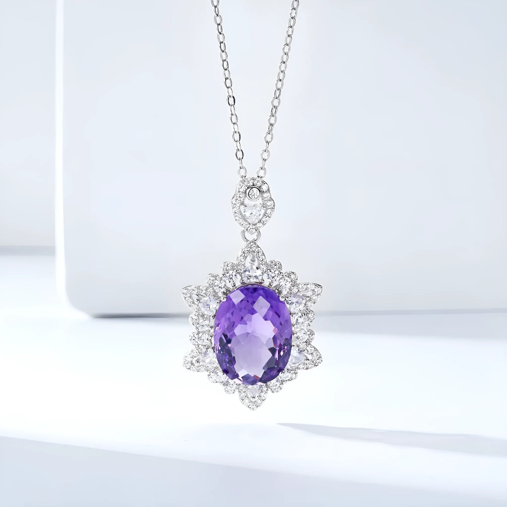 Natural amethyst necklace for women in 925 silver with geometric pendant