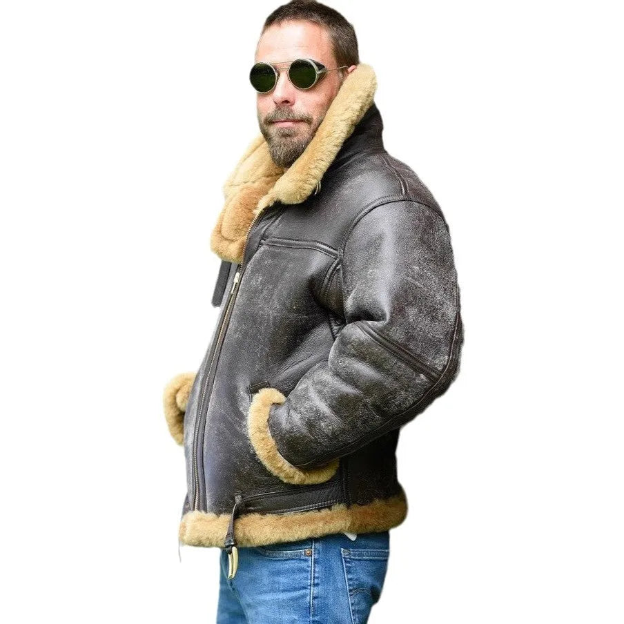 Brown synthetic leather fur coat with side pockets and straight hem design