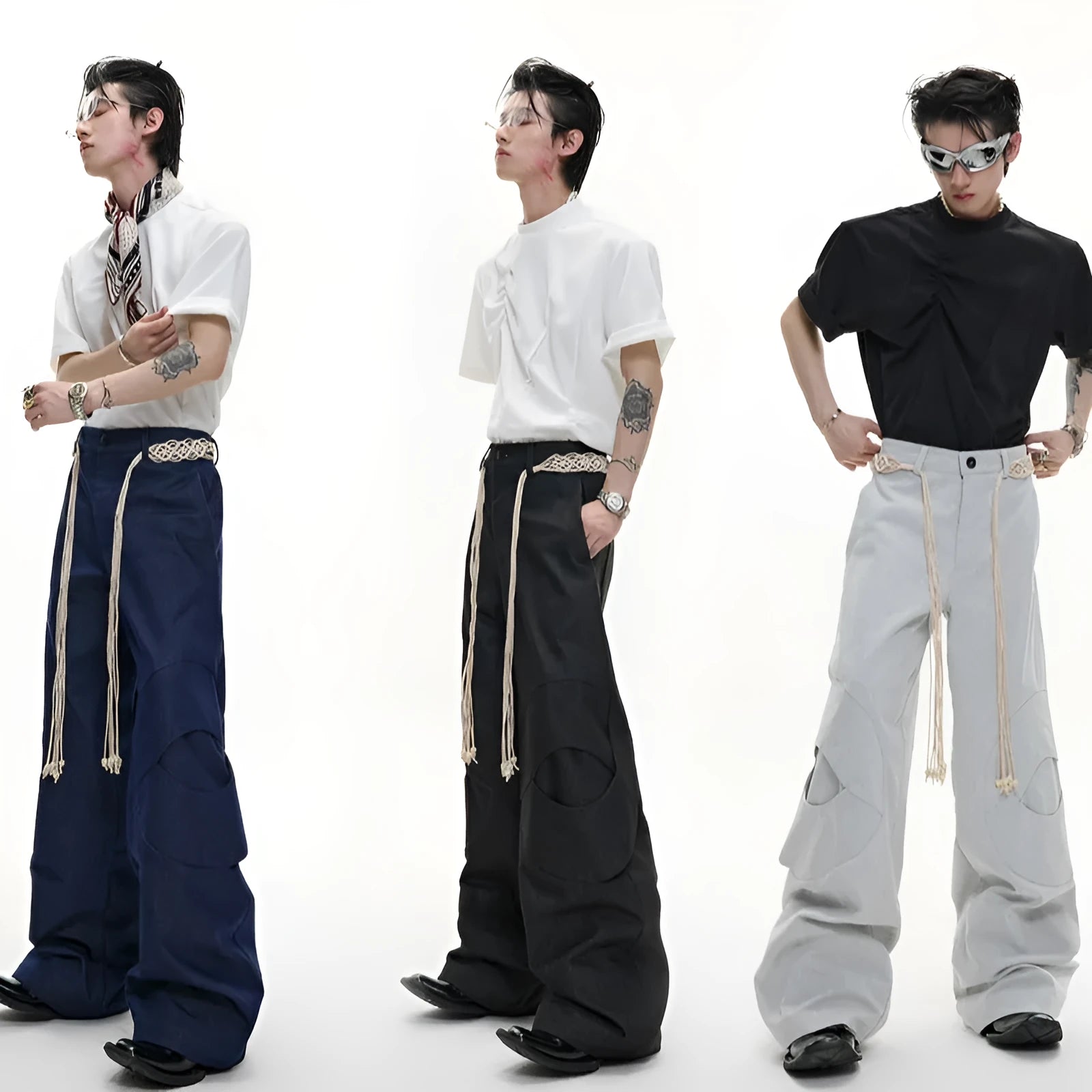 Men's dark blue loose-fit straight-leg cotton jeans with zip fly and pocket decoration.