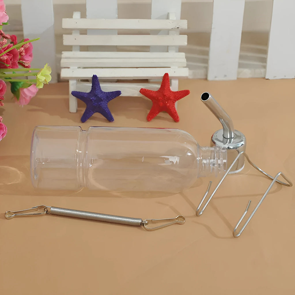 Transparent hanging water feeder bottle for small pets with stainless steel faucet, 180ml and 350ml capacities