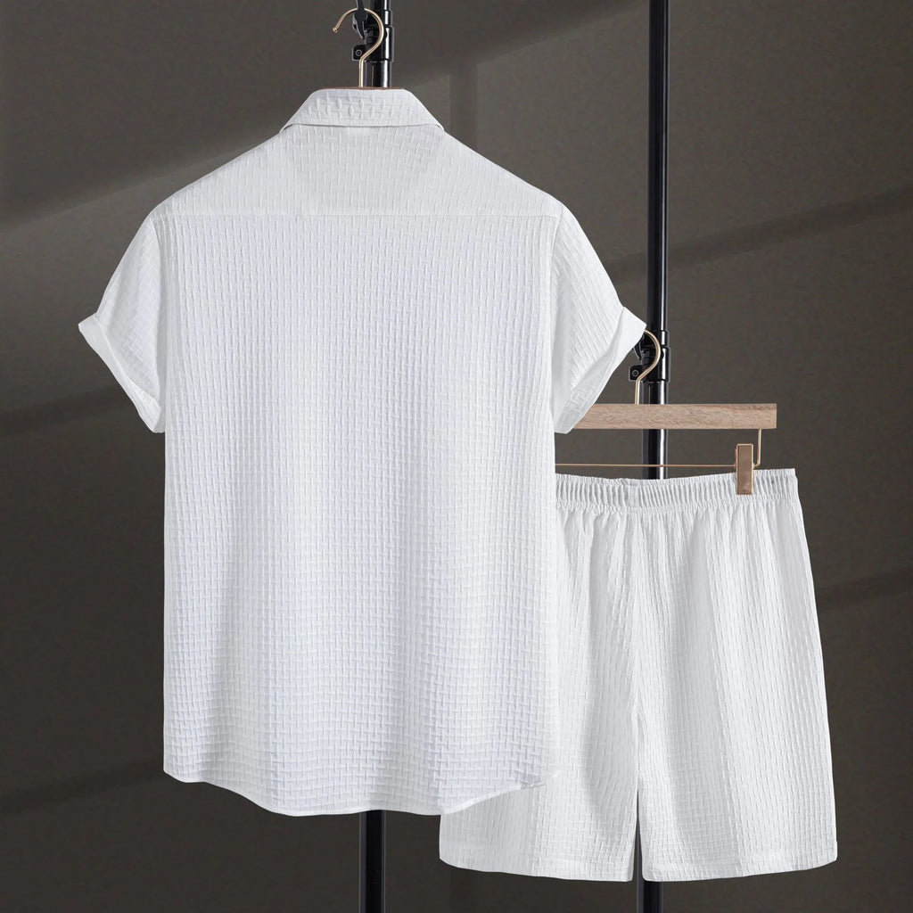 Men's loose fit cotton blend shirt and shorts suit in black or white for summer casual wear