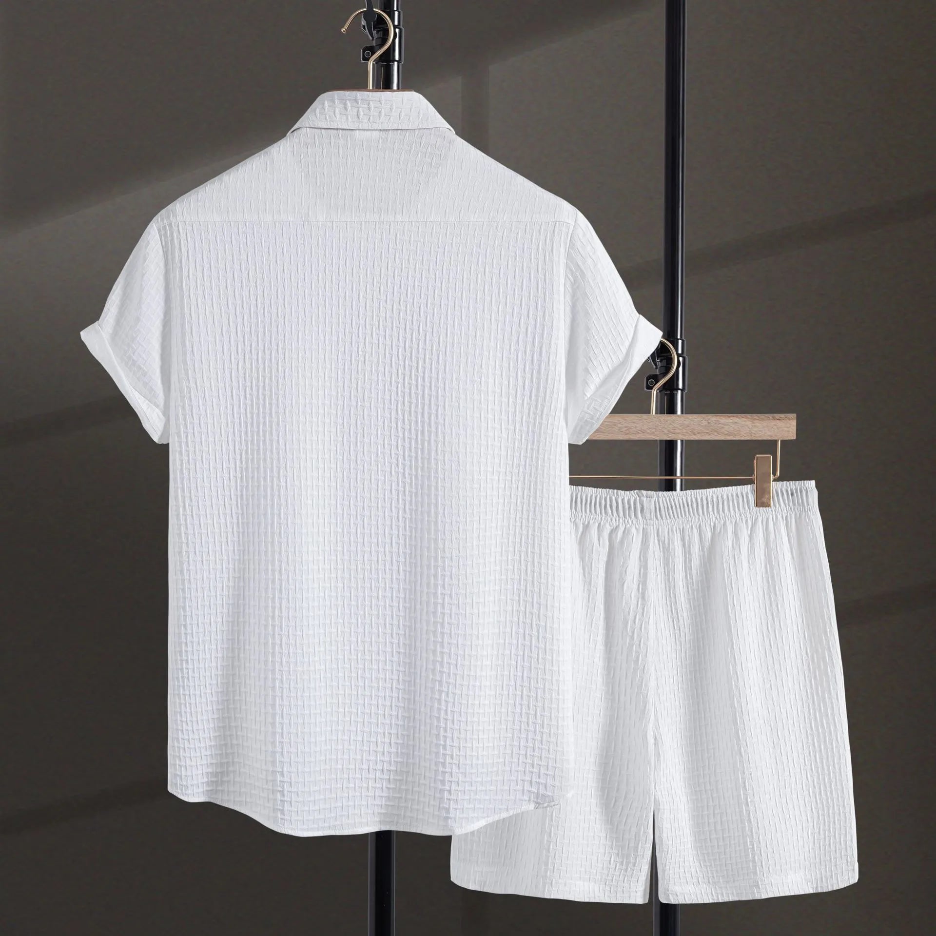 Men's loose fit cotton blend shirt and shorts suit in black or white for summer casual wear