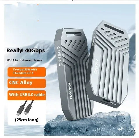 Aluminium alloy Thunderbolt 4 external SSD case for M.2 drives in grey or silver, showing slim 50mm profile.