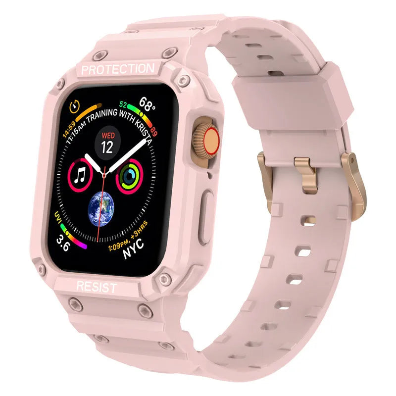 Soft TPU Apple Watch sport strap in multiple colours on a white background, showing 38mm and 42mm size options.
