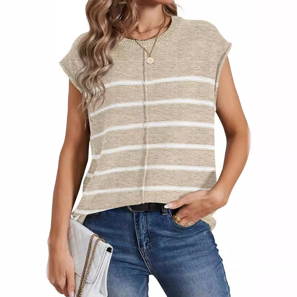 Women's striped sleeveless pullover vest in acrylic fabric, shown in multiple colour options.