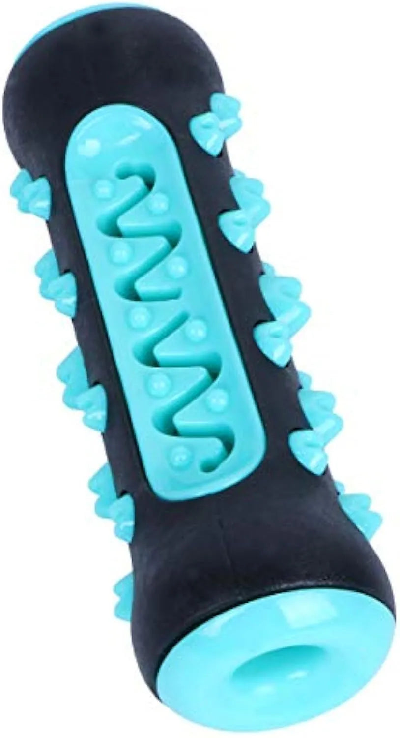 A blue natural rubber dog dental chew toy shaped as a textured stick, measuring 15cm long.